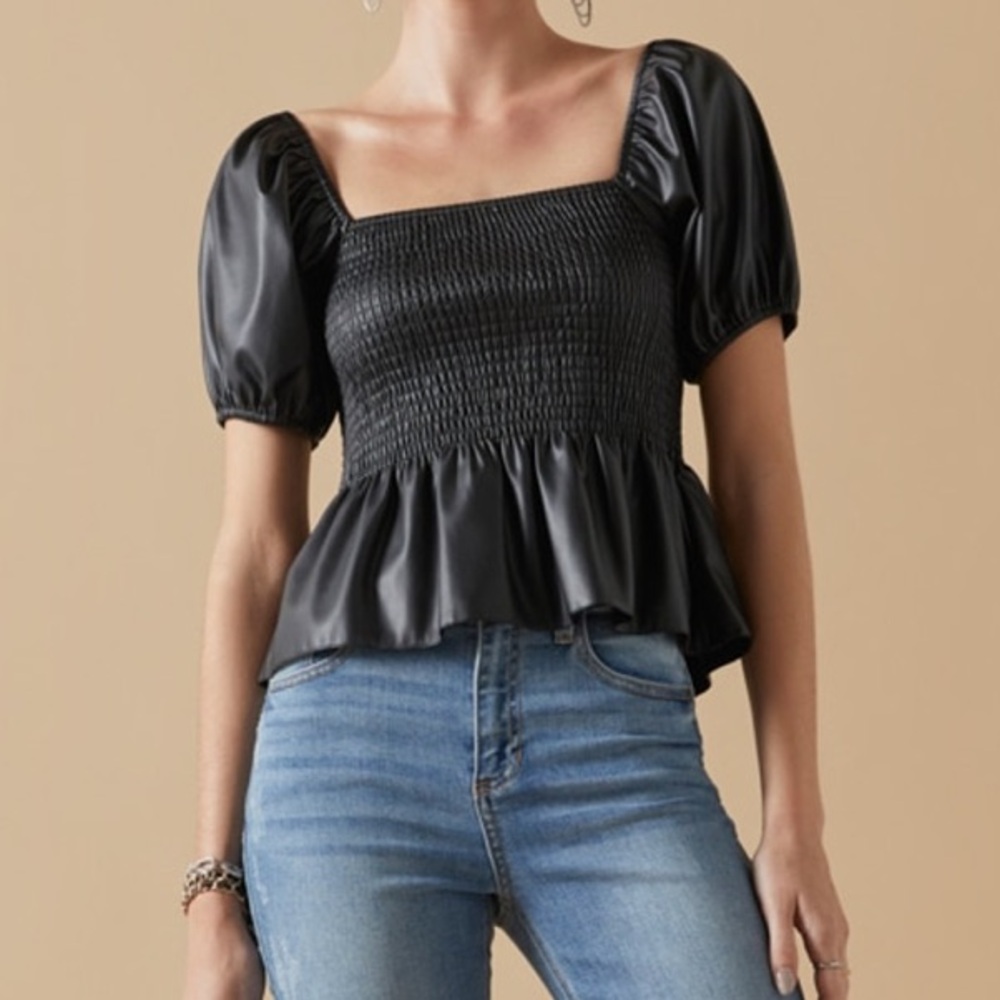 Black Pleather Puff Blouse